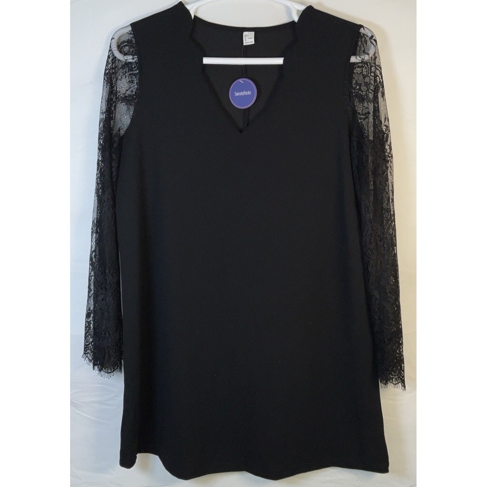 NWT Women's Sweaty Rock Scalloped Neck Lace Long Sleeve Shift Dress Black Large